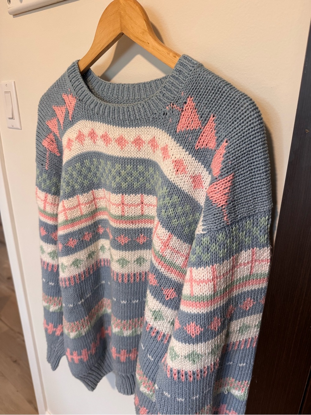 Cozy Hand Knit Vintage Sweater - Blue with Pink & Cream Pattern - Picture 2 of 3